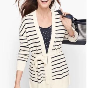 Talbots Ivory & Black Belted Cotton Cardigan L